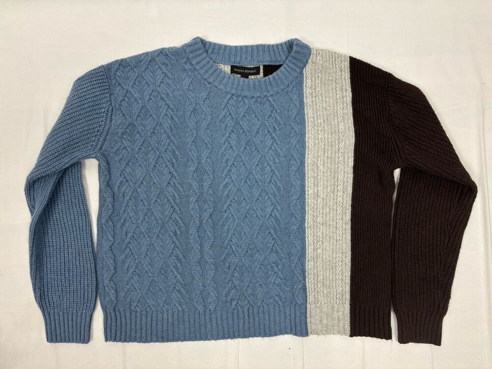 Banana Republic Womens Small Cable Knit Colorblock Sweater Navy Brown White Wool